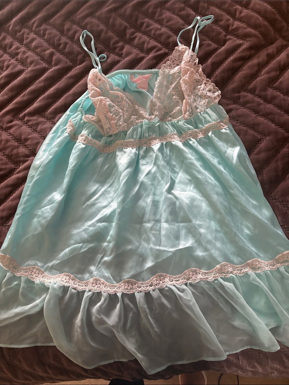 Victoria's Secret Aqua and Cream Lace Chiffon Chemise
